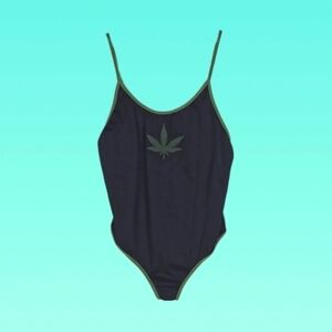 Glitter Bodysuit Weed Leaf Embroidered in Black and Green, OS (M)